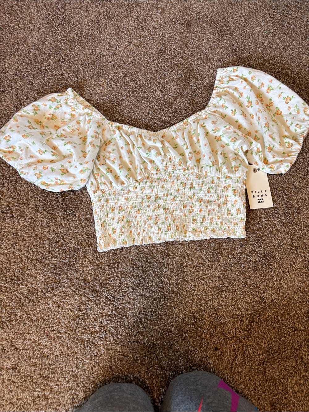 Billabong White Floral Puff-Sleeve Smocked Crop Top with Orange & Green Print